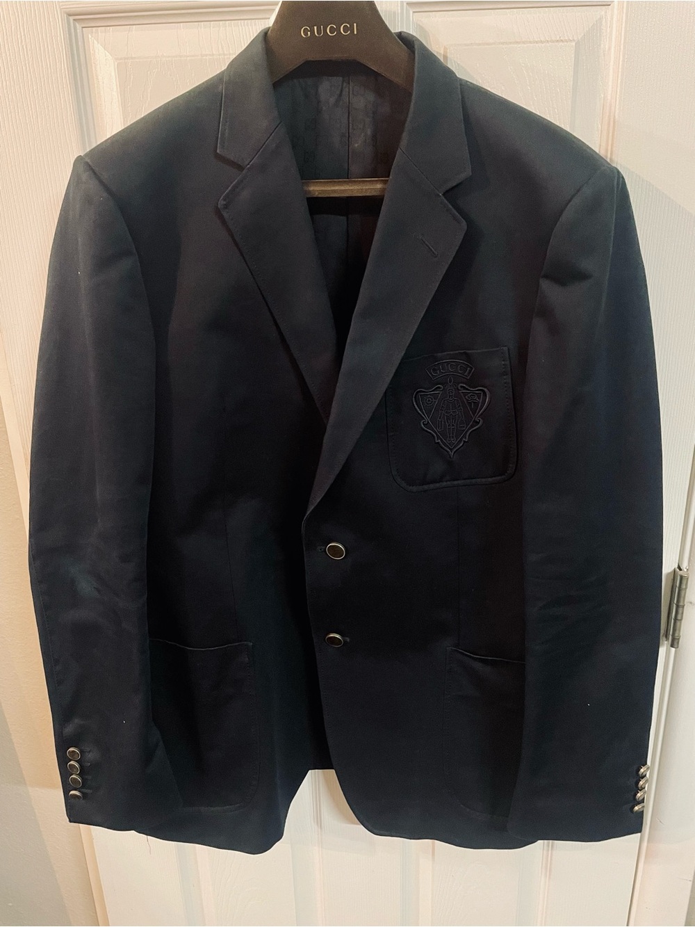 Gucci Single Breasted Blazer with Crest in Navy Blue Wool Cotton
